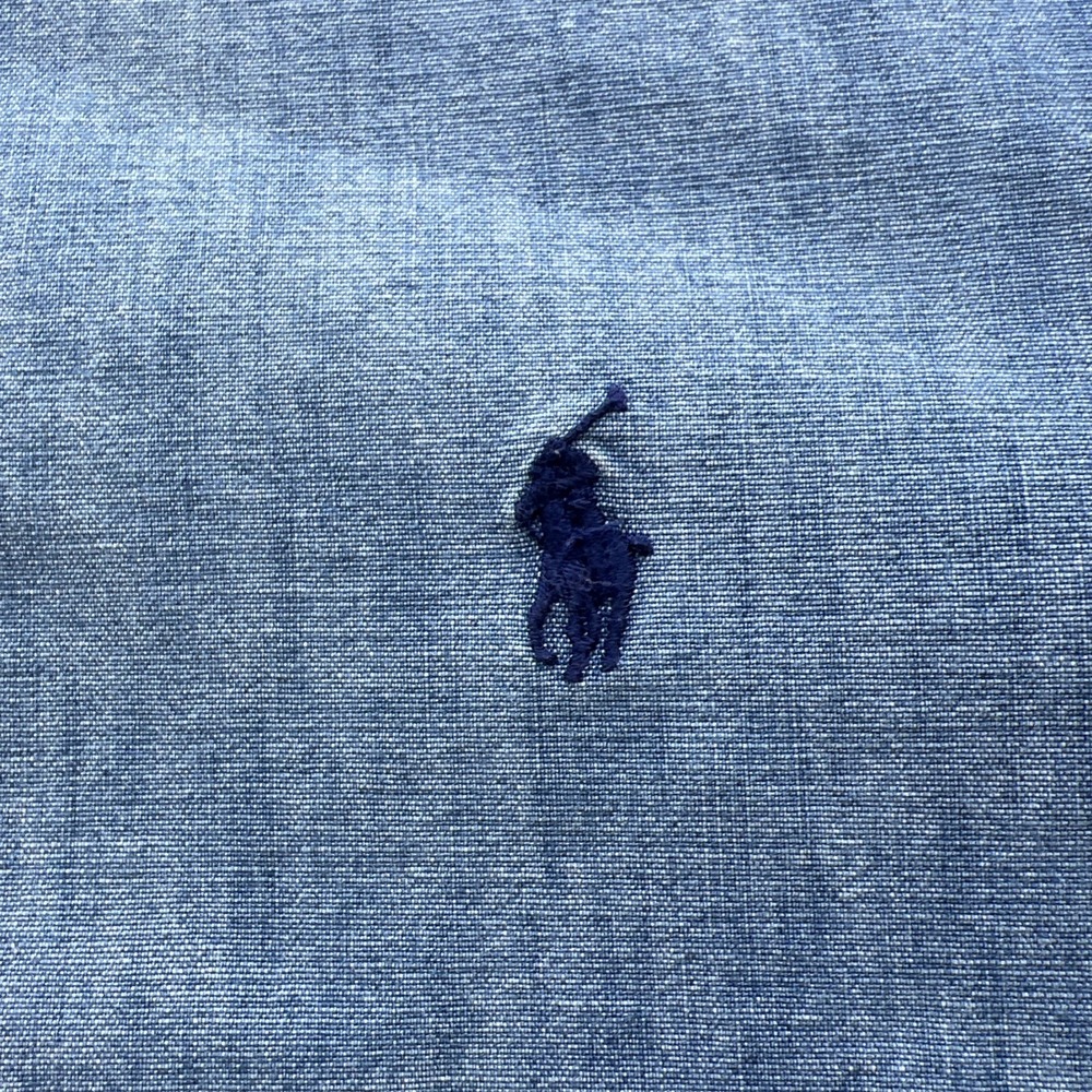 Polo Ralph Lauren Shirt Mens S Slim Fit Chambray Blue Long Sleeve Distressed - Picture 12 of 12